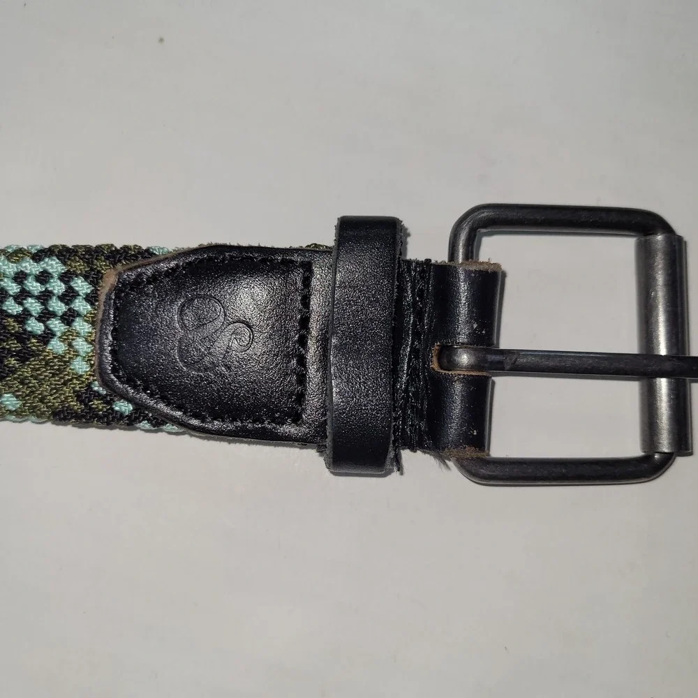 & Woven Stretch Belt Mens Medium Green Black Argyle Geometric‎ Braided Elastic
